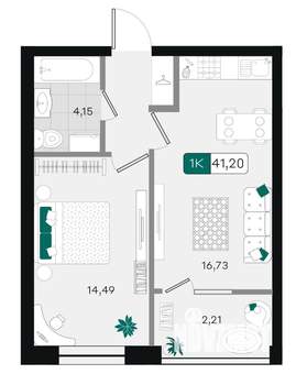 1-к квартира, вторичка, 41м2, 7/9 этаж
