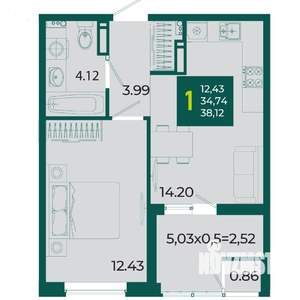 1-к квартира, вторичка, 38м2, 10/18 этаж