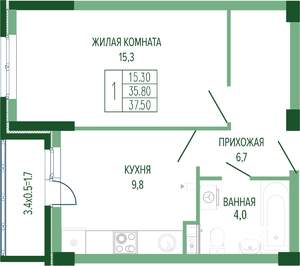 1-к квартира, вторичка, 39м2, 1/7 этаж