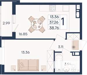 1-к квартира, вторичка, 39м2, 6/18 этаж