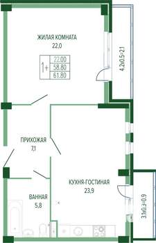 1-к квартира, вторичка, 63м2, 1/7 этаж