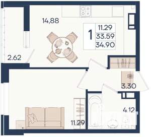 1-к квартира, вторичка, 35м2, 3/18 этаж
