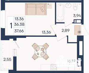 1-к квартира, вторичка, 38м2, 3/18 этаж
