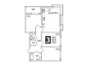 3-к квартира, вторичка, 73м2, 12/16 этаж