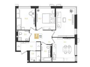 3-к квартира, строящийся дом, 73м2, 2/9 этаж