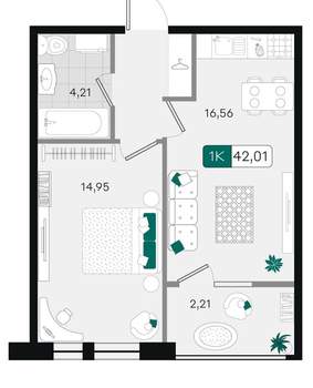 1-к квартира, вторичка, 42м2, 14/18 этаж