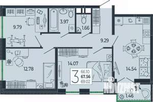 3-к квартира, вторичка, 68м2, 12/21 этаж