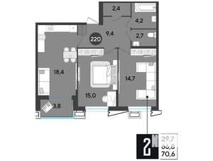 2-к квартира, вторичка, 71м2, 2/9 этаж