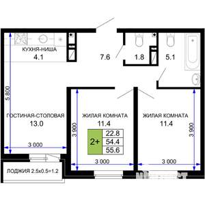 2-к квартира, строящийся дом, 56м2, 9/16 этаж