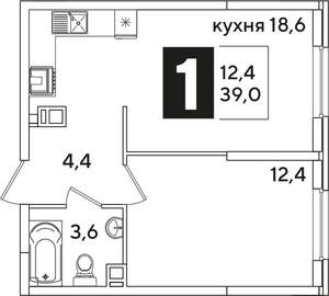 1-к квартира, строящийся дом, 39м2, 2/16 этаж