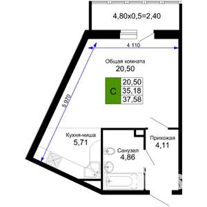 1-к квартира, вторичка, 38м2, 4/15 этаж