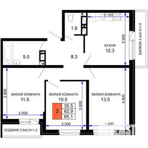 3-к квартира, строящийся дом, 65м2, 5/16 этаж