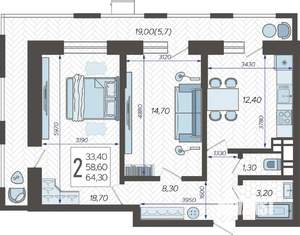 2-к квартира, строящийся дом, 65м2, 10/12 этаж