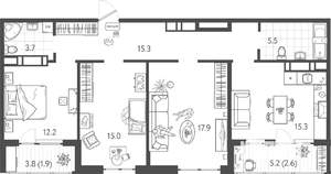 3-к квартира, строящийся дом, 89м2, 24/24 этаж