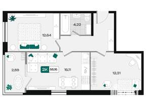 2-к квартира, вторичка, 55м2, 3/18 этаж