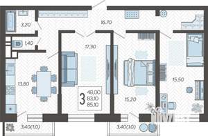 3-к квартира, строящийся дом, 86м2, 1/12 этаж
