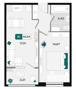1-к квартира, вторичка, 42м2, 2/18 этаж