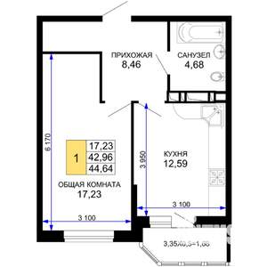 1-к квартира, вторичка, 45м2, 2/19 этаж
