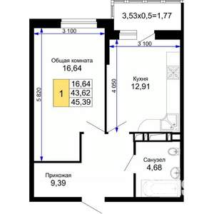 1-к квартира, вторичка, 45м2, 10/15 этаж