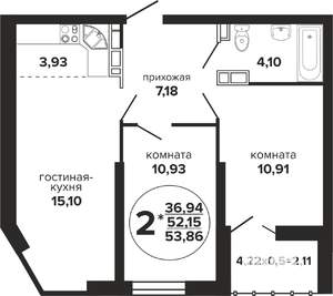 2-к квартира, вторичка, 54м2, 2/24 этаж