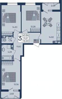 3-к квартира, вторичка, 74м2, 3/18 этаж