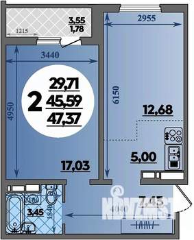 2-к квартира, строящийся дом, 47м2, 13/16 этаж