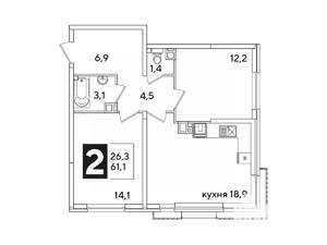 2-к квартира, вторичка, 61м2, 6/16 этаж