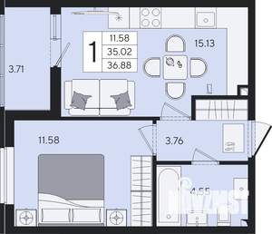 1-к квартира, вторичка, 37м2, 2/8 этаж