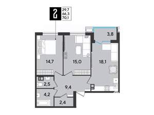 2-к квартира, вторичка, 70м2, 9/9 этаж