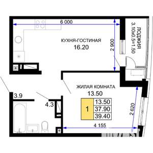 1-к квартира, вторичка, 39м2, 18/18 этаж