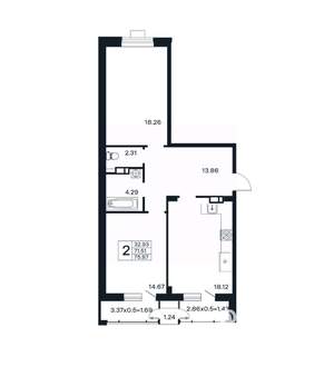2-к квартира, вторичка, 76м2, 4/12 этаж