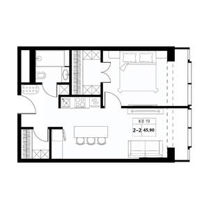 2-к квартира, строящийся дом, 46м2, 13/19 этаж