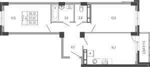 2-к квартира, вторичка, 61м2, 1/15 этаж