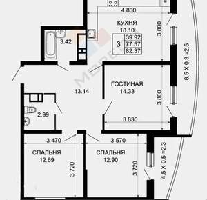 3-к квартира, вторичка, 82м2, 8/24 этаж