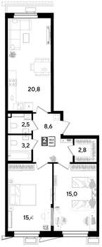 2-к квартира, строящийся дом, 68м2, 2/18 этаж