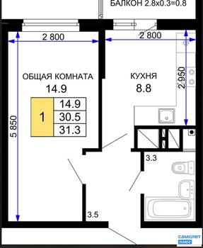 1-к квартира, вторичка, 31м2, 22/24 этаж