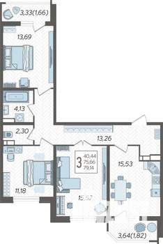 3-к квартира, строящийся дом, 80м2, 8/23 этаж