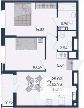 2-к квартира, вторичка, 54м2, 4/18 этаж