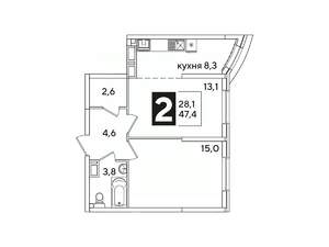 2-к квартира, вторичка, 47м2, 12/16 этаж