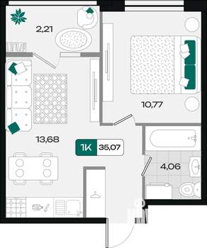 1-к квартира, вторичка, 35м2, 4/18 этаж