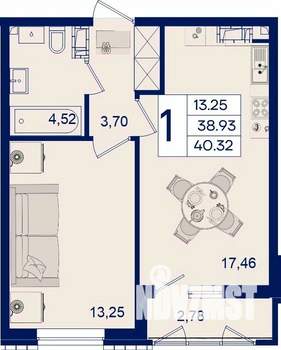 1-к квартира, вторичка, 40м2, 17/18 этаж