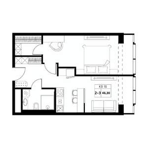 2-к квартира, строящийся дом, 46м2, 17/19 этаж