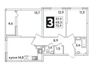 3-к квартира, вторичка, 72м2, 11/16 этаж
