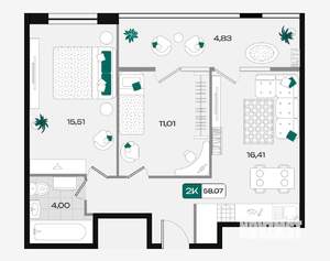 2-к квартира, вторичка, 58м2, 2/18 этаж