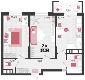 2-к квартира, вторичка, 60м2, 17/18 этаж