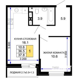 1-к квартира, вторичка, 38м2, 5/16 этаж