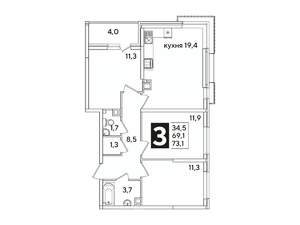 3-к квартира, вторичка, 73м2, 9/16 этаж