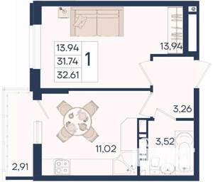 1-к квартира, вторичка, 33м2, 18/18 этаж