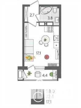 Студия квартира, вторичка, 28м2, 12/24 этаж