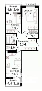 2-к квартира, вторичка, 58м2, 17/22 этаж